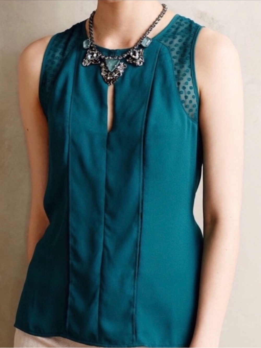 Maeve Teal Sleeveless Keyhole Camisole with Dotted Sheer Shoulders